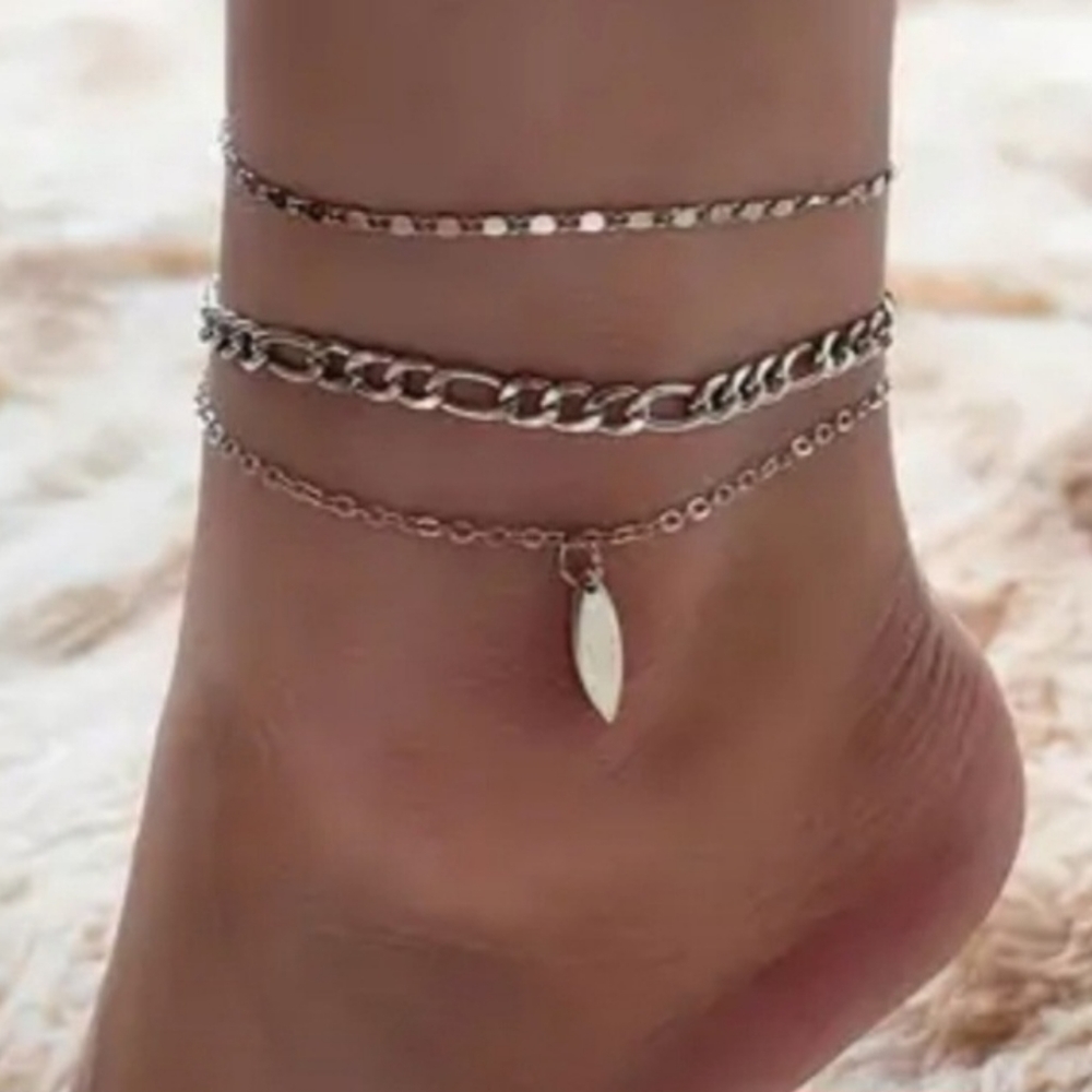 Simple Layered Ankle Bracelet Oval Shape Alloy Pendant Elegant Anklet 3 Pcs Summ